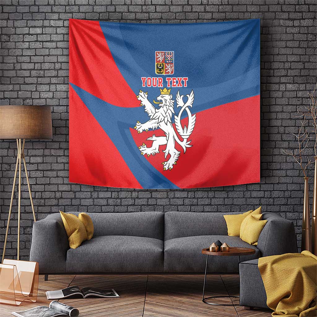 Czech Republic coat of arms tapestry, red/blue flag style, double-tailed lion, “YOUR TEXT”.
