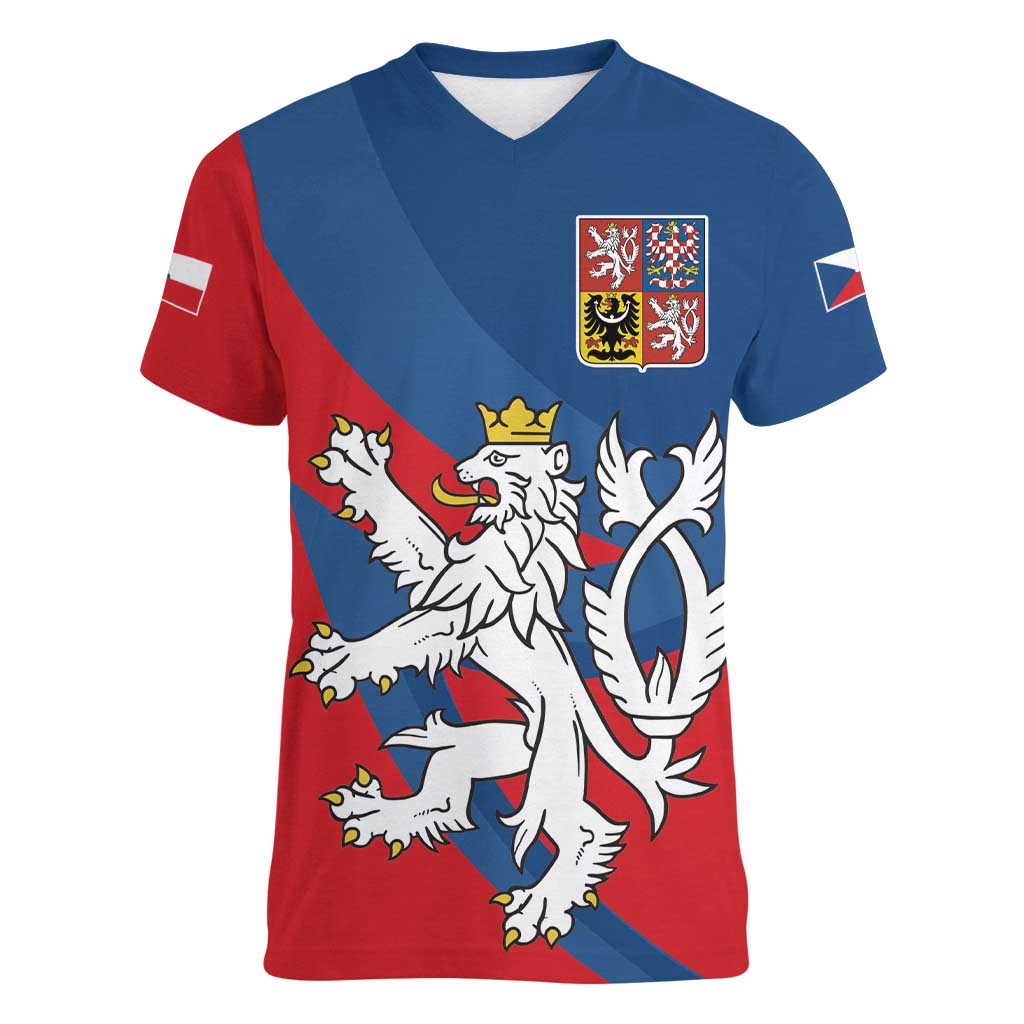 Personalized Czech Republic Coat of Arms Women V-Neck T-Shirt Statni Znak Ceske Republiky - Silver Double-tailed Lion LT17 - Wonder Print Shop