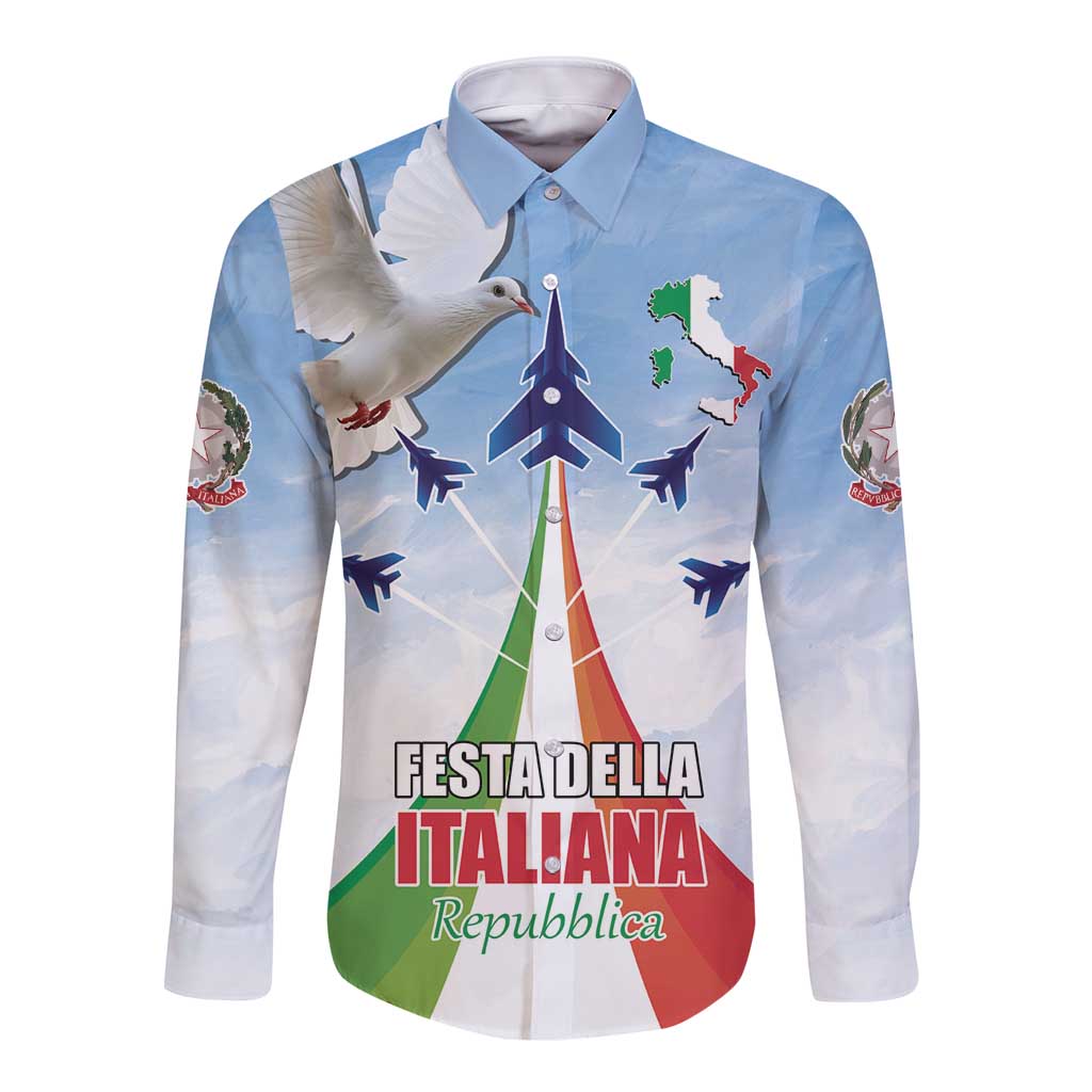 Light blue long-sleeve button shirt with dove, planes, and Festa della Italiana graphic