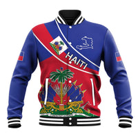 Unisex baseball jacket with blue and red graphic front, striped ribbed collar and cuffs