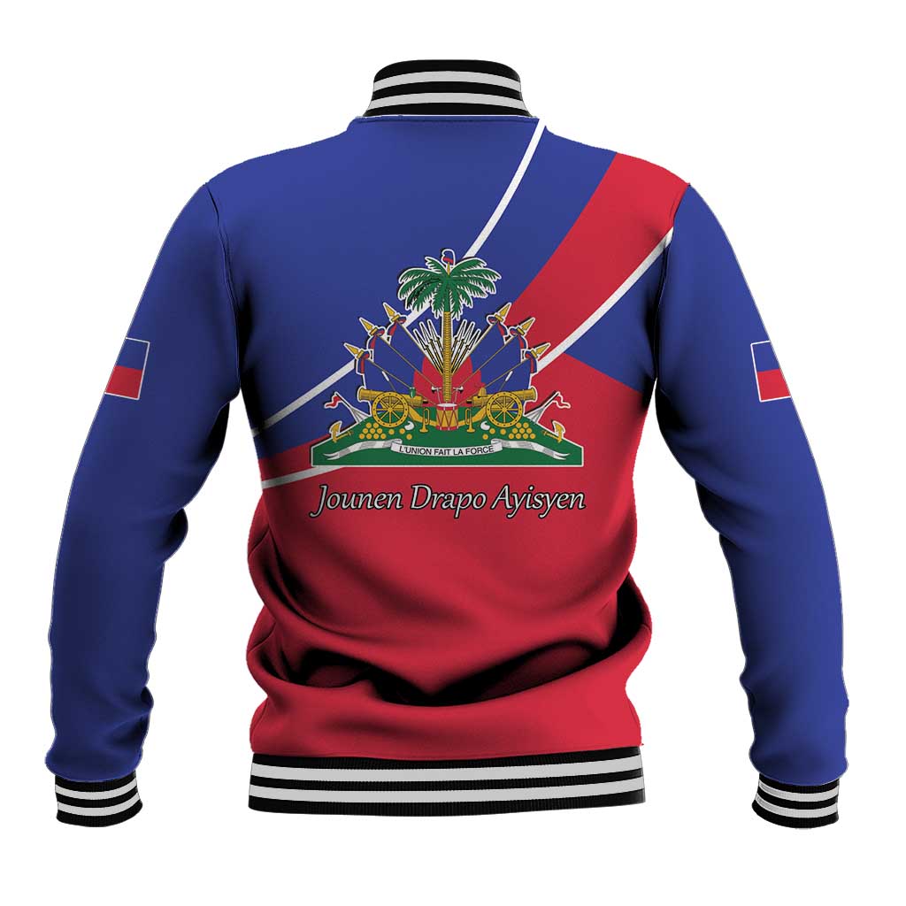 Unisex baseball jacket with blue and red back graphic and Jounen Drapo Ayisyen text