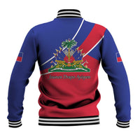 Unisex baseball jacket with blue and red back graphic and Jounen Drapo Ayisyen text
