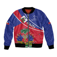 Unisex bomber jacket with Haitian flag graphic, front zip, black ribbed cuffs and hem