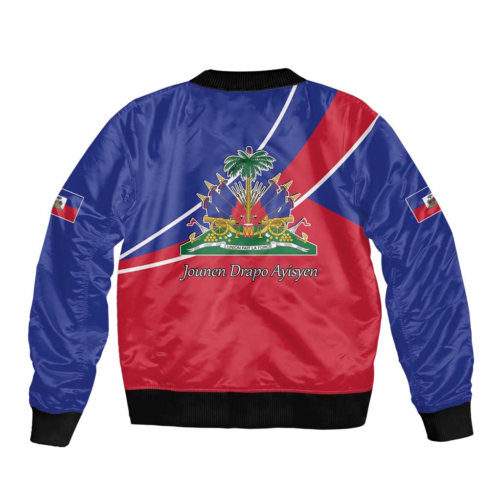 Unisex bomber jacket with diagonal Haitian flag back print, palm emblem, ribbed collar