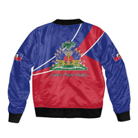 Unisex bomber jacket with diagonal Haitian flag back print, palm emblem, ribbed collar