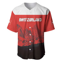 Red and black V-neck baseball jersey with button front, 'SWITZERLAND' front print