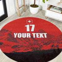 Red round football rug with Swiss cross, 17, and YOUR TEXT print.