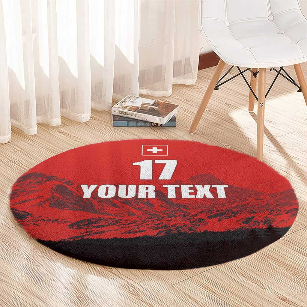 Red round football rug with Swiss cross, 17, and YOUR TEXT print, thick round edge.
