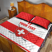 Red and white quilt bed set with Swiss shield and YOUR TEXT, two red pillows with black trim