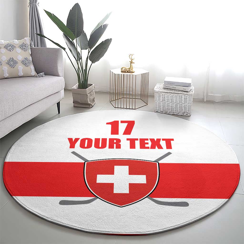 Round carpet with red-and-white Swiss style emblem, number 17, and custom text