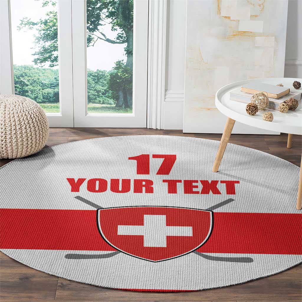 Round carpet with red Swiss cross shield, number 17, and custom text
