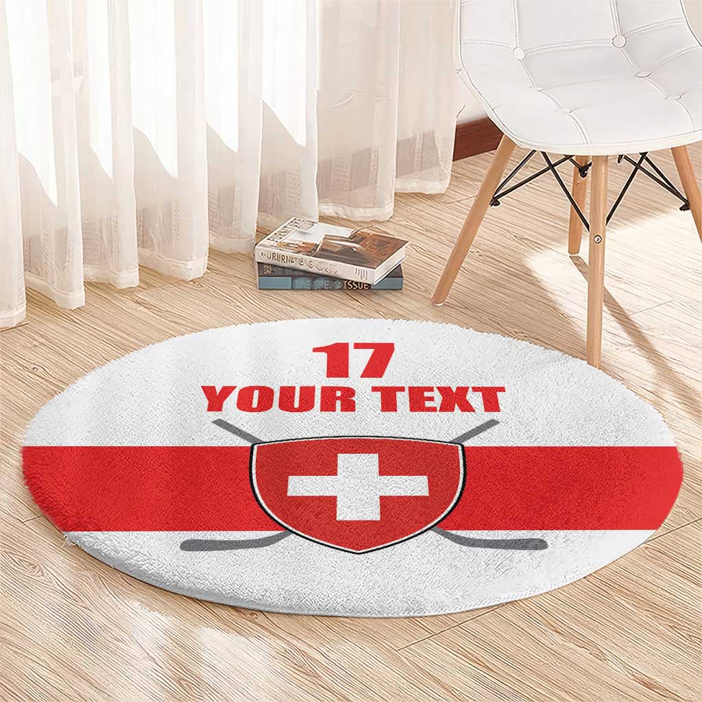 Round carpet with red Swiss cross shield, number 17, and custom text on light gray