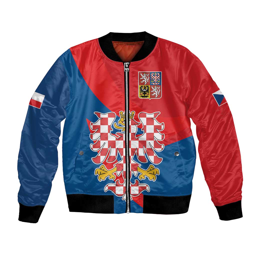 Unisex bomber jacket with red and blue panels, zip front, embroidered crest on chest