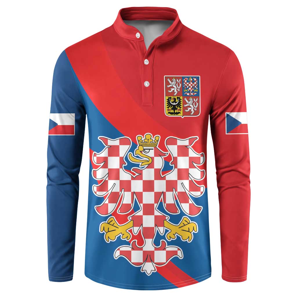 Two-tone button henley sweatshirt in red and blue with crest graphic on front