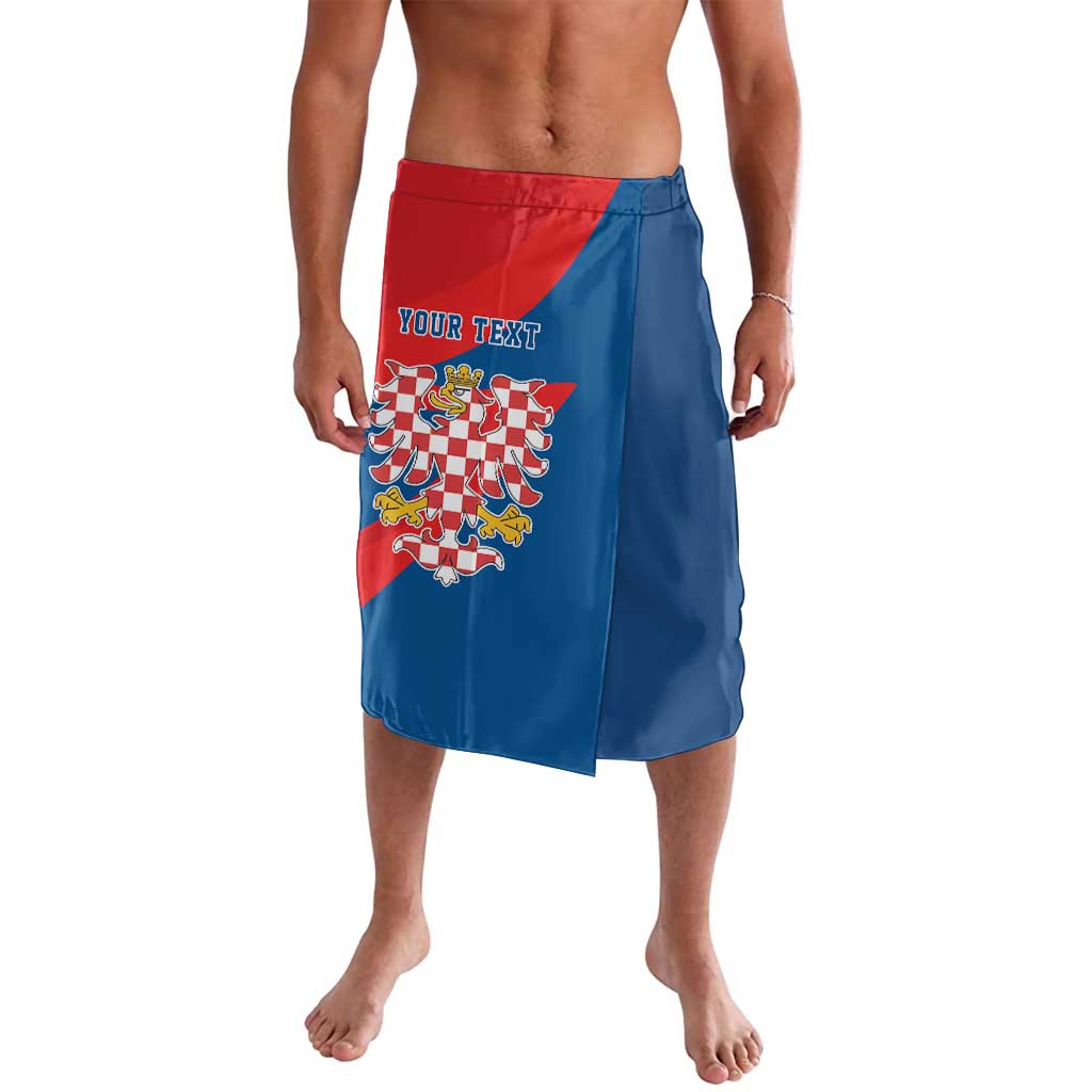Blue wrap sarong with red waistband, crest graphic and text