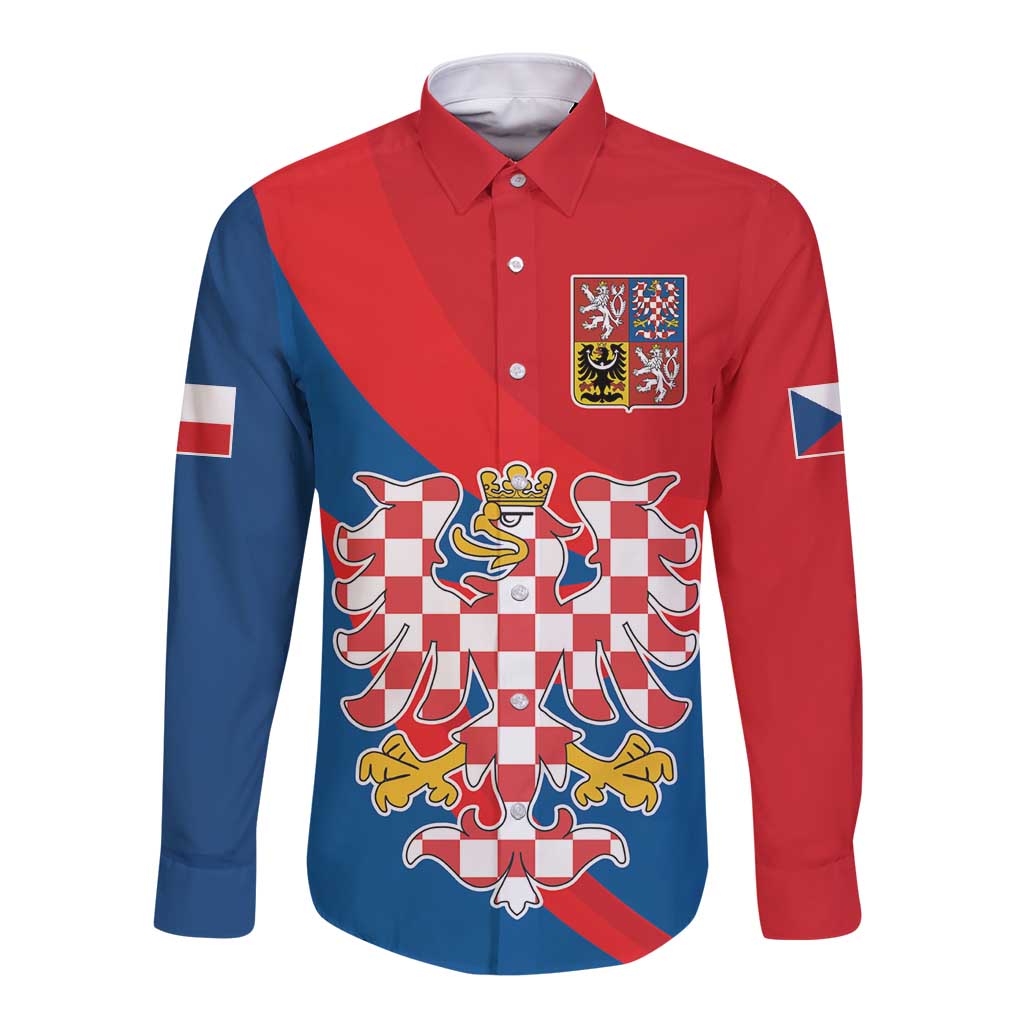 Long sleeve button shirt with red, blue, checkered coat of arms crest and eagle