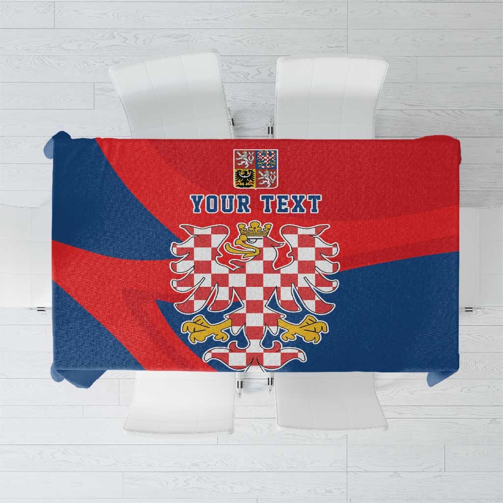 Personalized tablecloth with red and blue diagonal panels and Moravian crest, YOUR TEXT