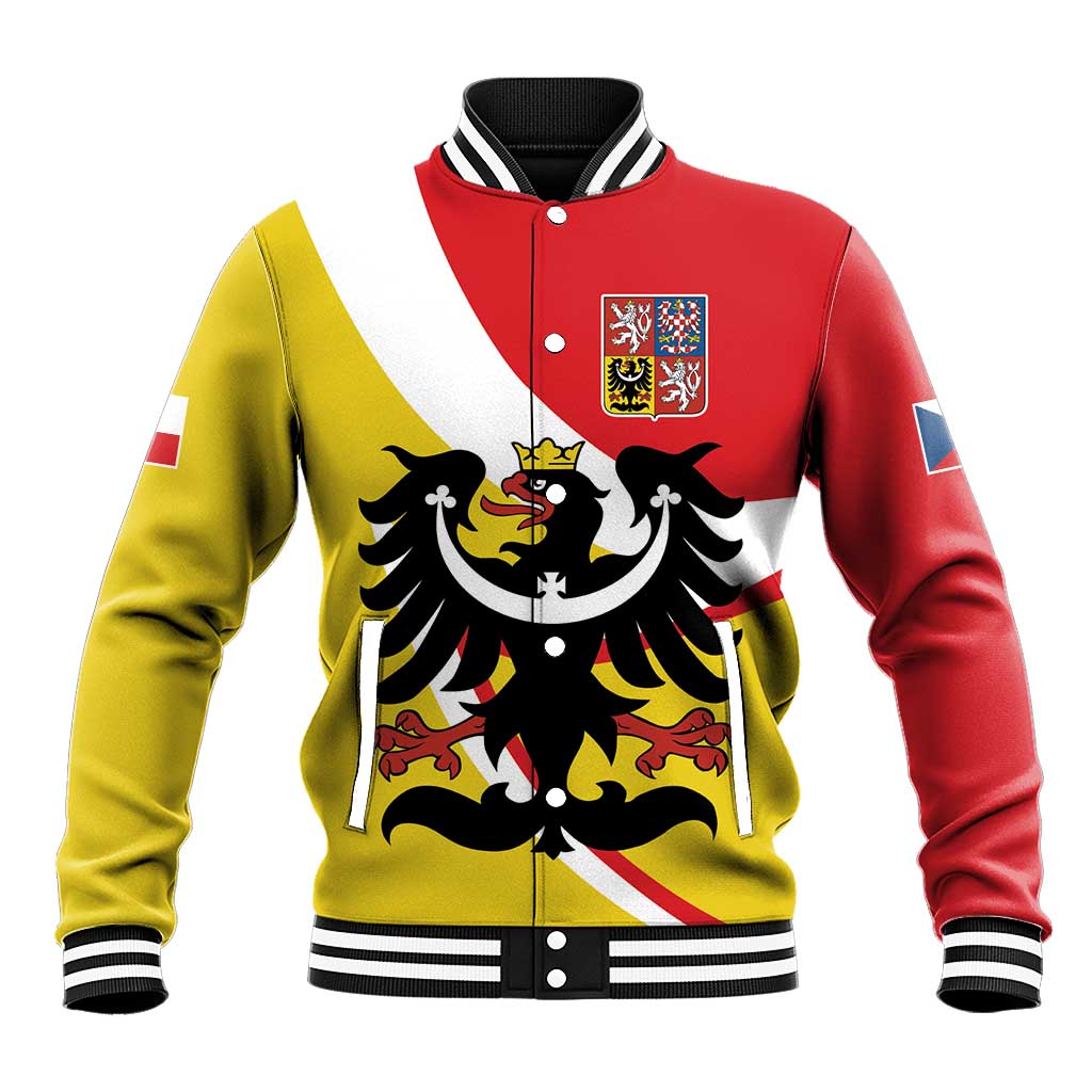 Two-tone baseball jacket with striped ribbed collar, black eagle crest graphic on front