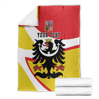 Personalized Silesia blanket with black eagle and YOUR TEXT on red, yellow, white flag stripes with folded edge
