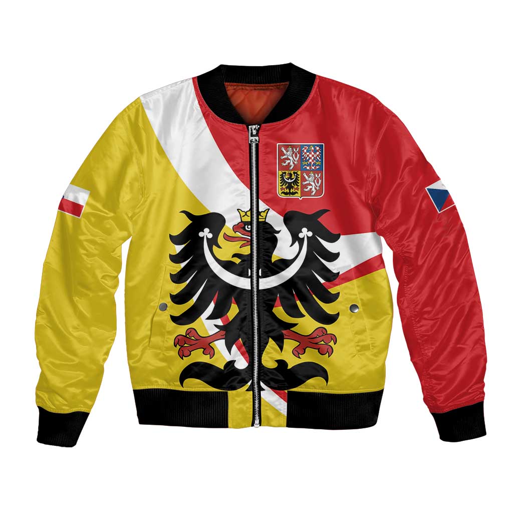 Bomber jacket with Silesia coat of arms graphic, red white yellow, zip front, ribbed cuffs