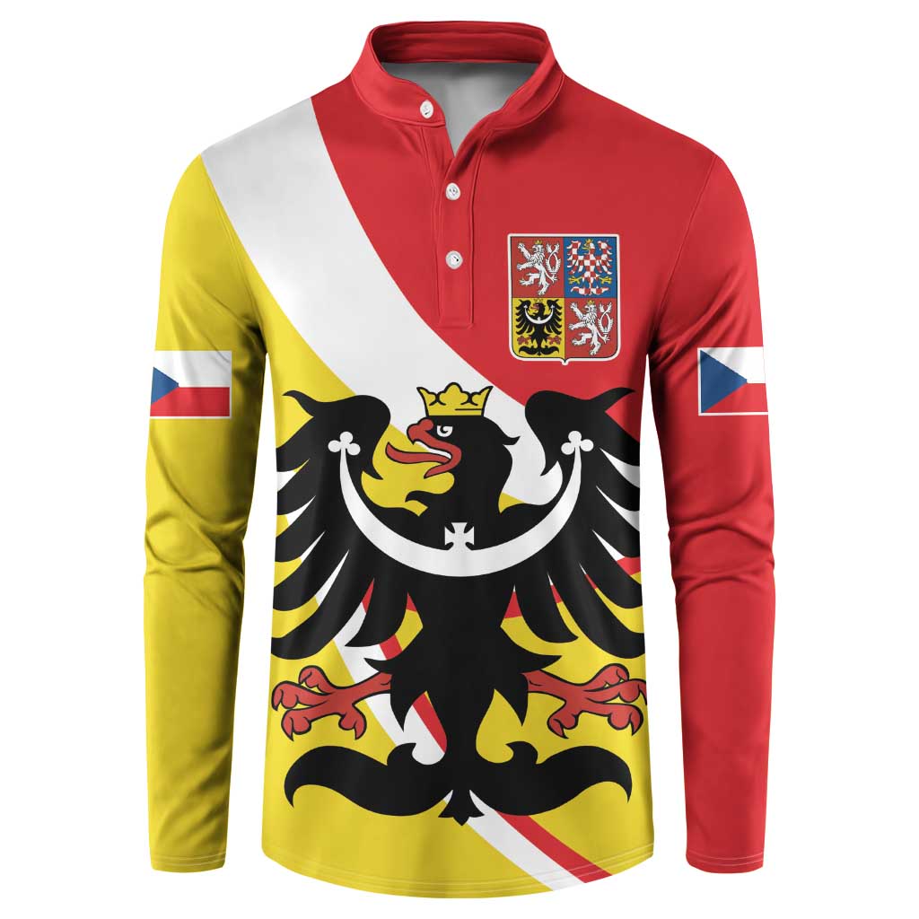 Men's button polo sweatshirt, red/yellow/white diagonal stripe, eagle crest front