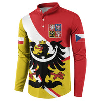 Men's button polo sweatshirt with red/yellow/white diagonal stripe and eagle crest on chest