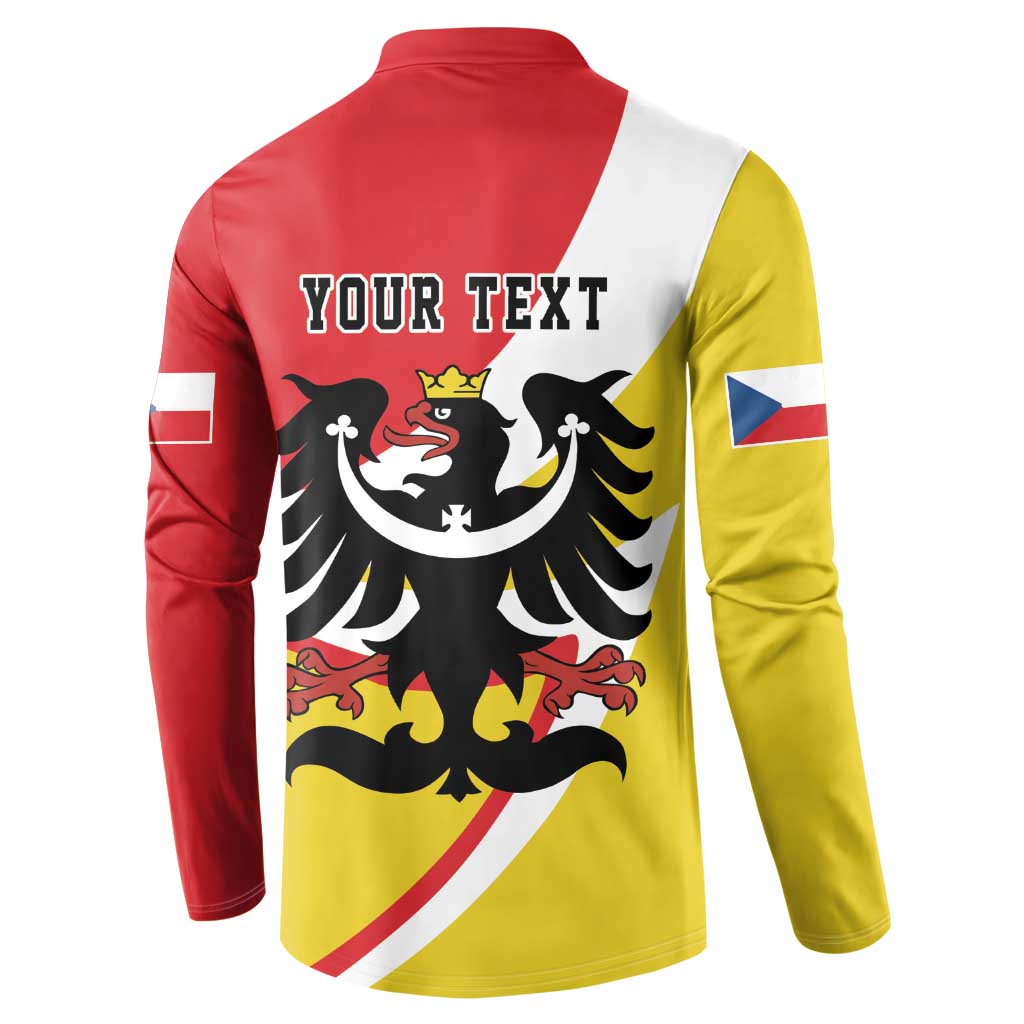 Men's button polo sweatshirt, back shows eagle crest and 'YOUR TEXT', red/yellow/white
