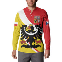 Men's button polo sweatshirt, red/yellow/white diagonal stripe with eagle crest, full front