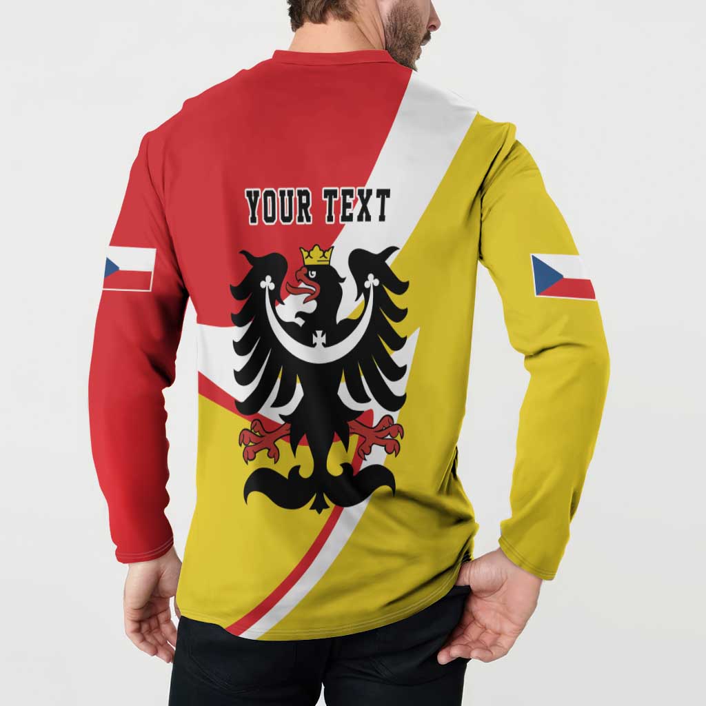 Men's button polo sweatshirt, back shows 'YOUR TEXT' above eagle crest, red/yellow/white