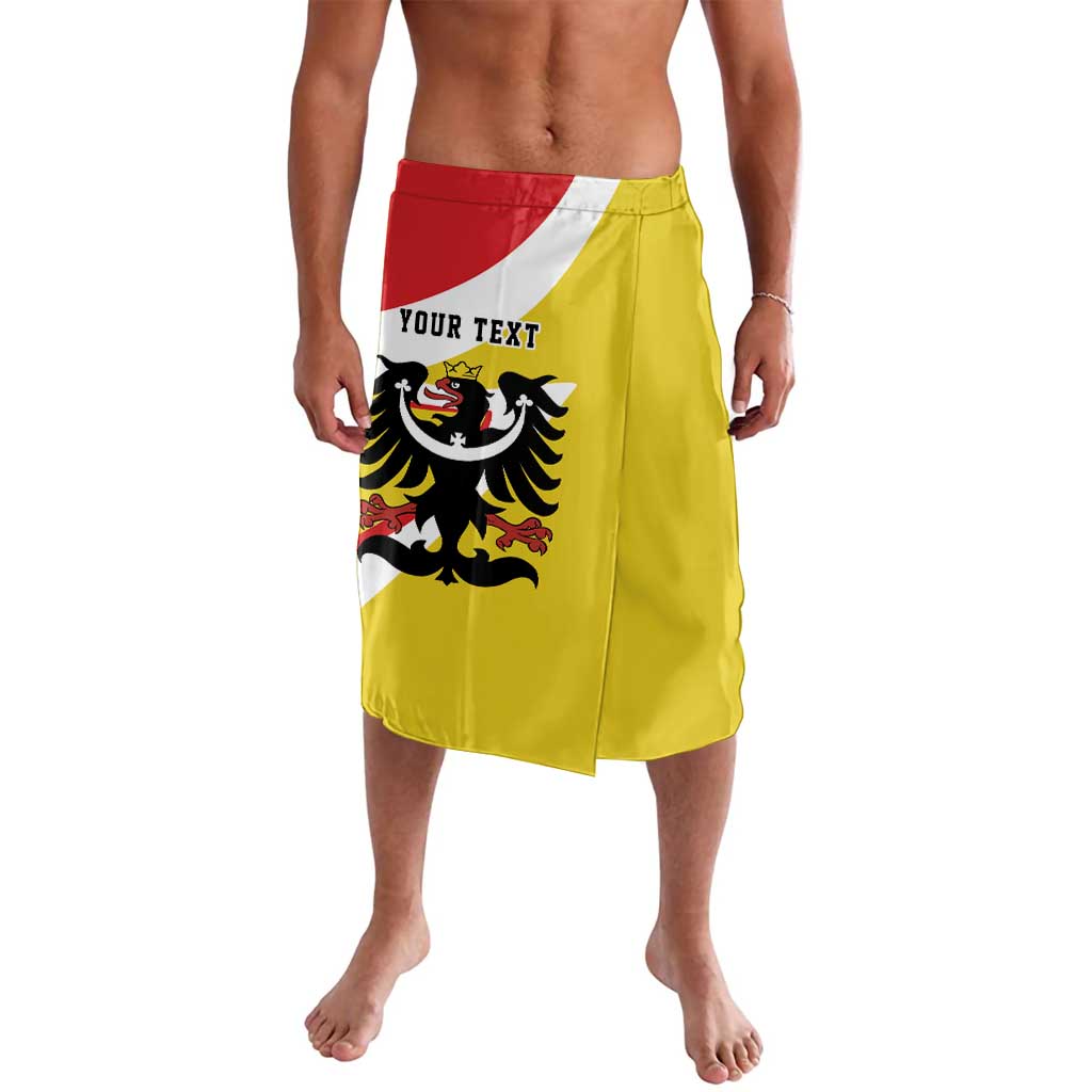 Yellow lava lava wrap skirt with red waistband and black eagle crest graphic