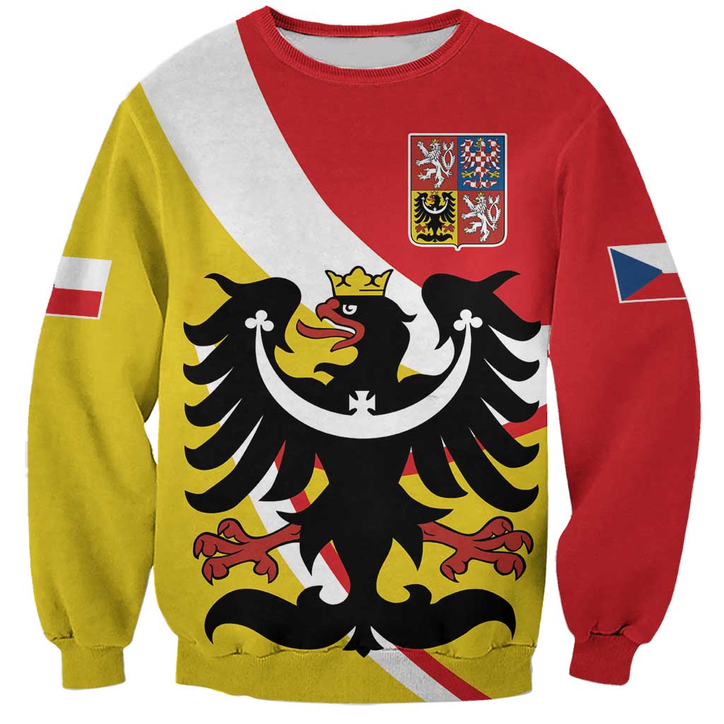 Unisex color-block sweatshirt with black eagle crest and small shield graphic on front