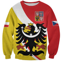 Unisex color-block sweatshirt with black eagle crest and small shield graphic on front