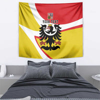 Silesia tapestry wall hanging with black eagle crest and 'YOUR TEXT' on red/white/yellow stripes