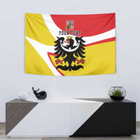 Silesia tapestry wall hanging featuring black eagle coat of arms on red/white/yellow stripes