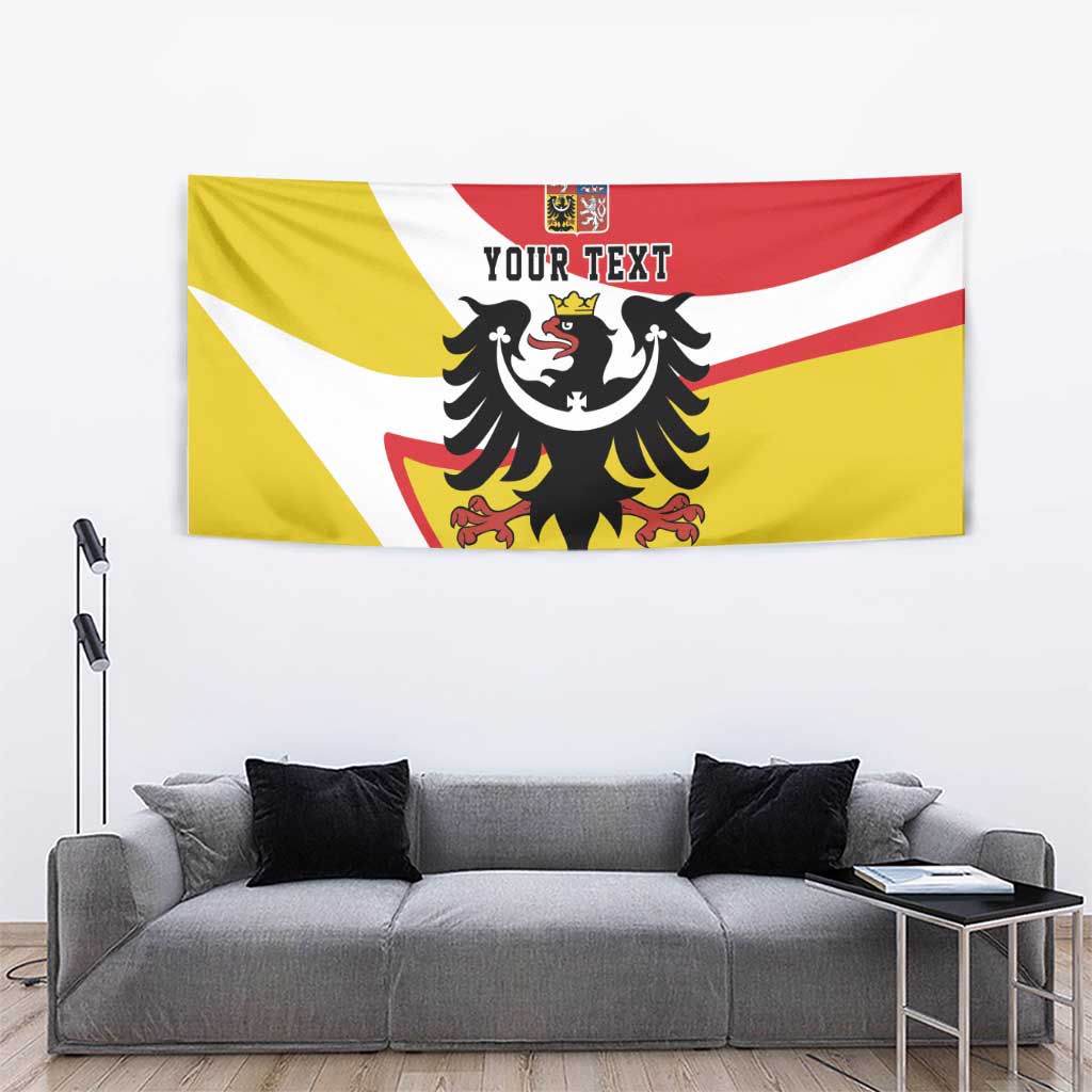 Silesia tapestry wall hanging with black eagle crest centered on red/white/yellow diagonal stripes