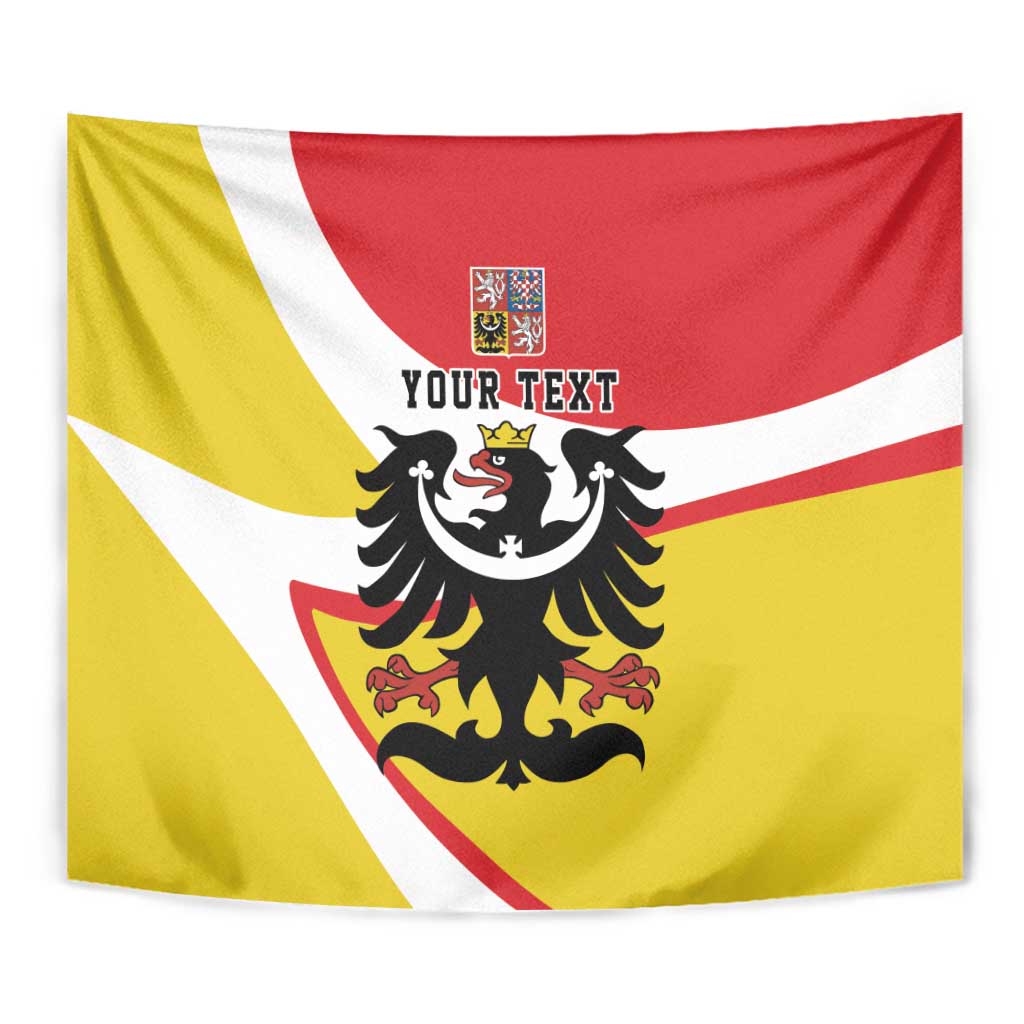 Silesia tapestry wall hanging close view of black eagle crest on red/white/yellow diagonal bands