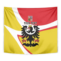Silesia tapestry wall hanging close view of black eagle crest on red/white/yellow diagonal bands