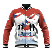 Red unisex baseball jacket front with button placket, Czech Republic Independence Day text