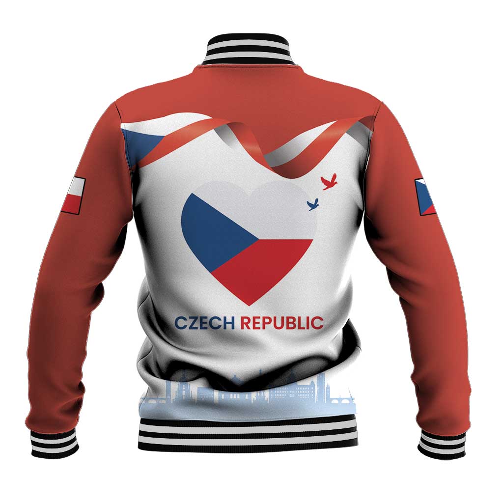 Red unisex baseball jacket with Czech Republic back print, striped ribbed collar