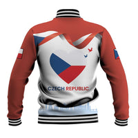 Red unisex baseball jacket with Czech Republic back print, striped ribbed collar