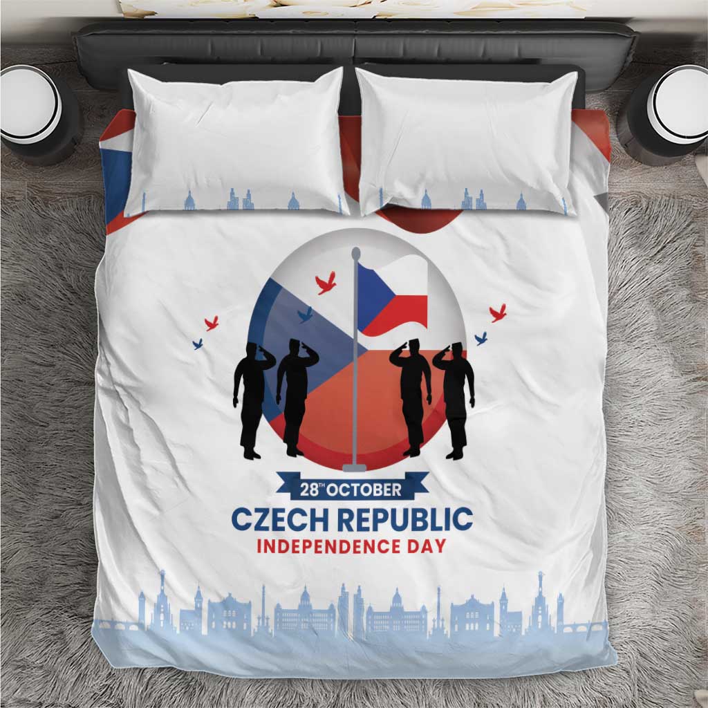 Czech Republic Independence Day bedding set, white duvet with Czech flag circle and city skyline