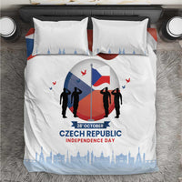 Czech Republic Independence Day bedding set, white duvet with Czech flag circle and city skyline