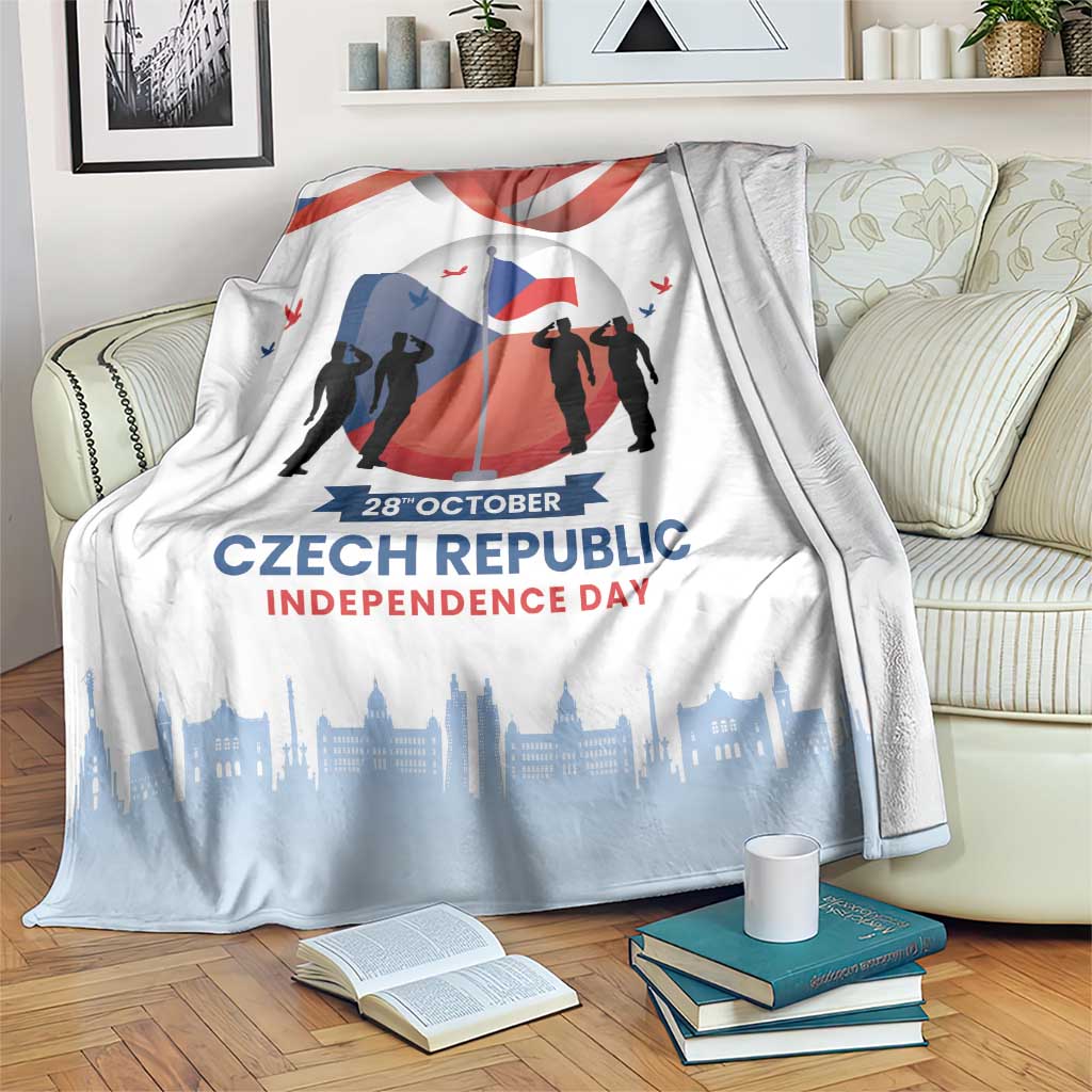 White Czech Republic Independence Day blanket with flag, people, and skyline graphic