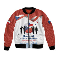 Bomber jacket with red sleeves, white panel, front zipper, Independence Day graphic