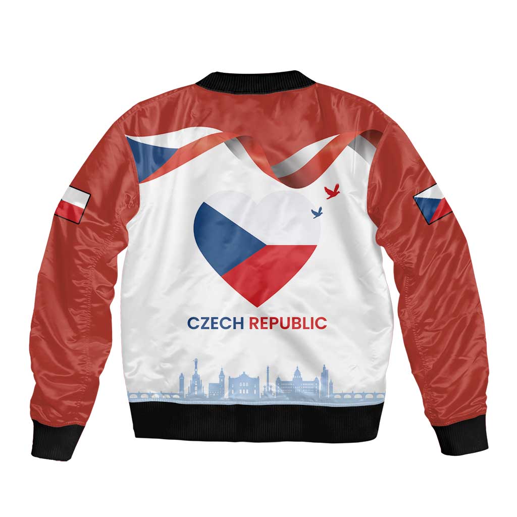 Bomber jacket with red sleeves, white front, black ribbing, Czech Republic graphic