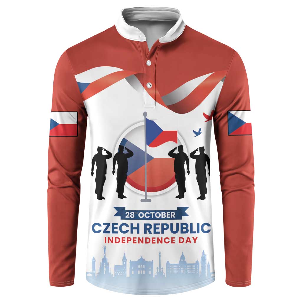 Maroon button sweatshirt with white panel and Czech Independence Day graphic