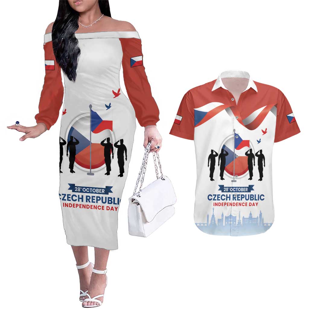 Czech Republic Independence day Couples Matching Off The Shoulder Long Sleeve Dress and Hawaiian Shirt Den Vzniku Samostatneho Ceskoslovenskeho Statu