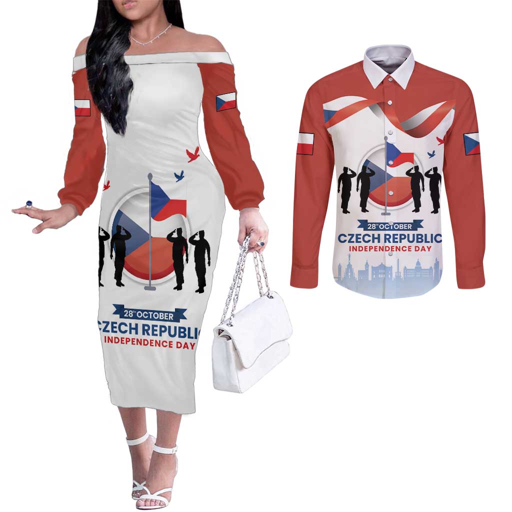 Czech Republic Independence day Couples Matching Off The Shoulder Long Sleeve Dress and Long Sleeve Button Shirt Den Vzniku Samostatneho Ceskoslovenskeho Statu