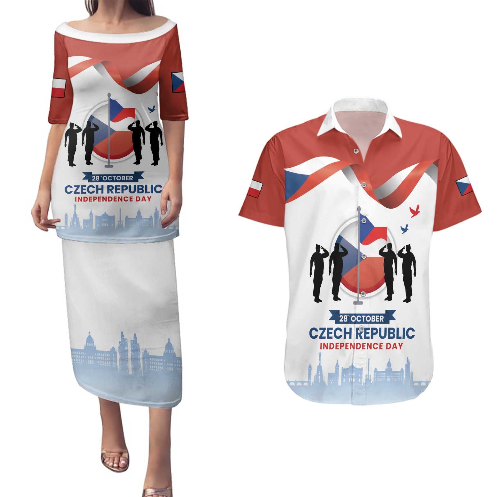 Czech Republic Independence day Couples Matching Puletasi and Hawaiian Shirt Den Vzniku Samostatneho Ceskoslovenskeho Statu