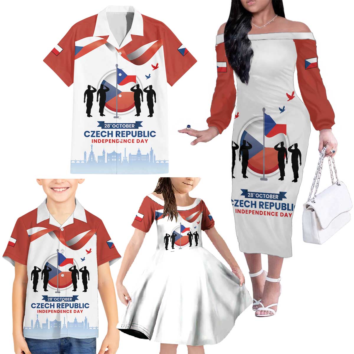 Czech Republic Independence day Family Matching Off The Shoulder Long Sleeve Dress and Hawaiian Shirt Den Vzniku Samostatneho Ceskoslovenskeho Statu